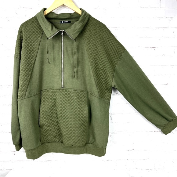 BTFBM Tops - 🛍$5 Bundled |•BTFBM•| Army Green Waffle Blocked 1/2 Zip Kanga Pocket Sweatshirt